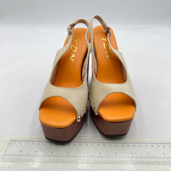 YDN Beige Rivet Studded Platform Block High Heeled Sandals Slingback Buckle Shoe - Picture 3 of 8